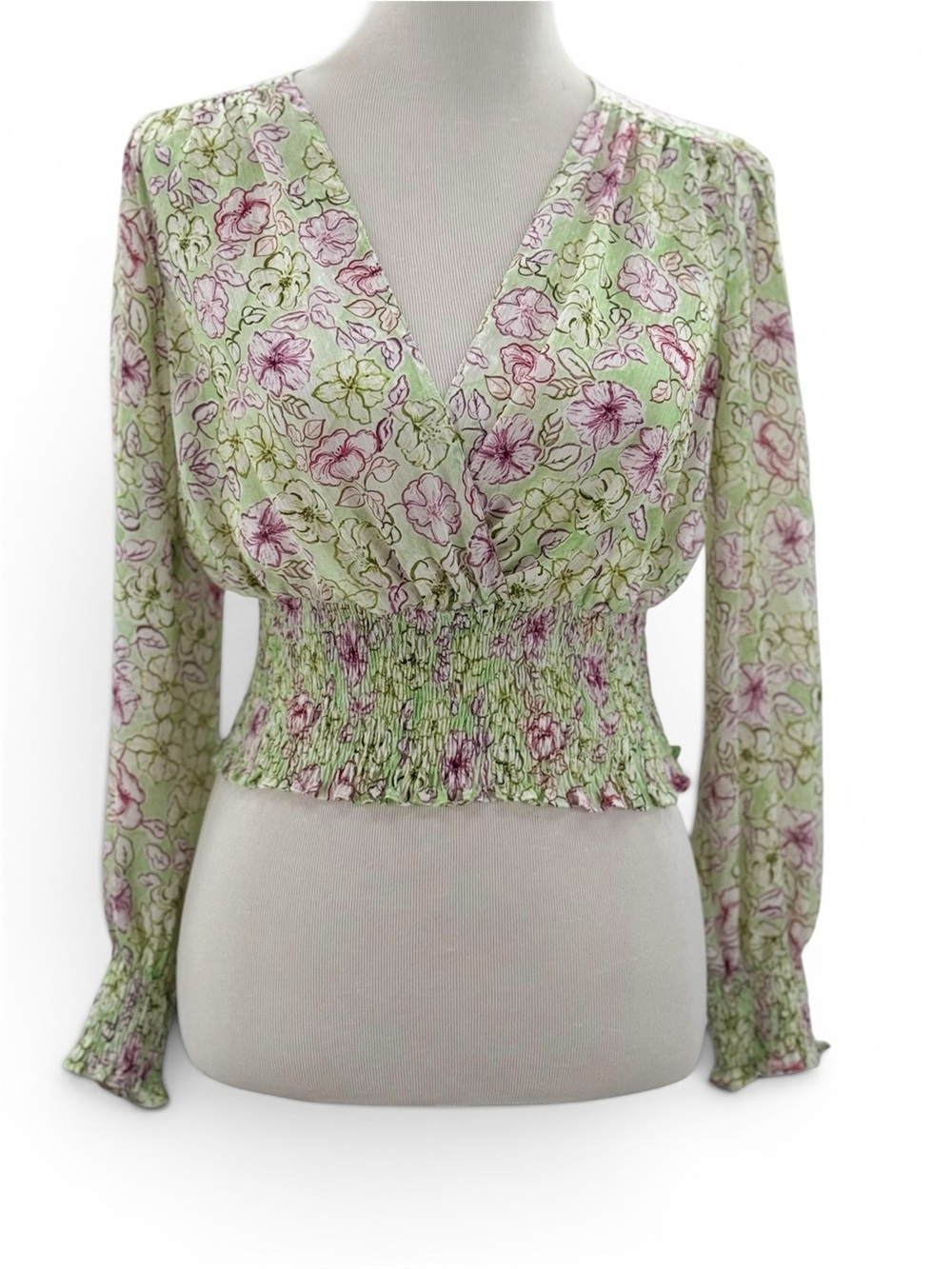 Zara Floral Smocked Crop Top Size S Green Pink Long Sleeve Cottagecore Boho S